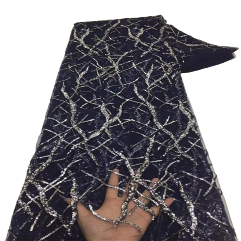 

New Navy Blue Luxury African Sequin Lace Fabric 2021 French Net Sequence Embroidery Nigerian Wedding Party Gold Line Tulle Lace