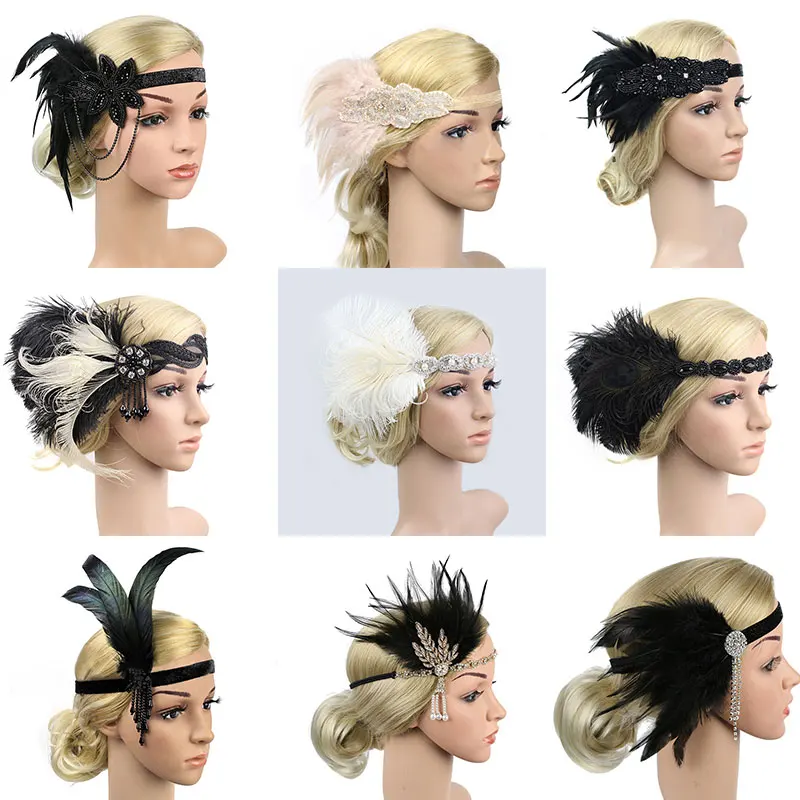 Винтажная женская эластичная повязка на голову с перьями для девочек черный