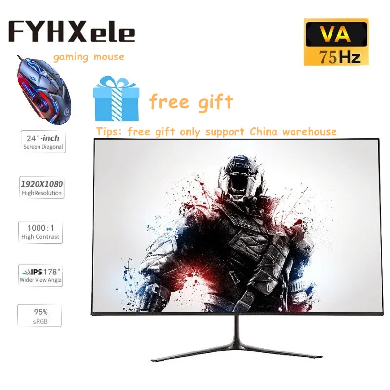 

FYHXele 24'' Gaming Monitor HDMI Desktop LCD Displays 1080P 75Hz VA 5ms FHD 16:9 Flicker-Free Eye Protect With Free Gift Mouse