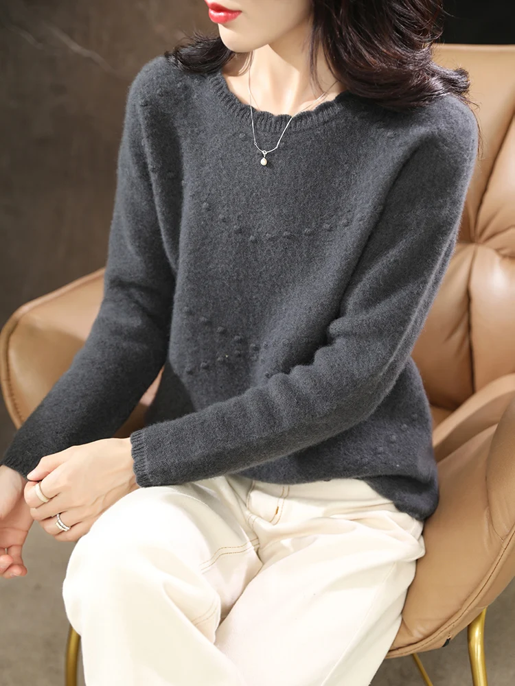 Женский шерстяной свитер Свободный вязаный пуловер с круглым вырезом из 100