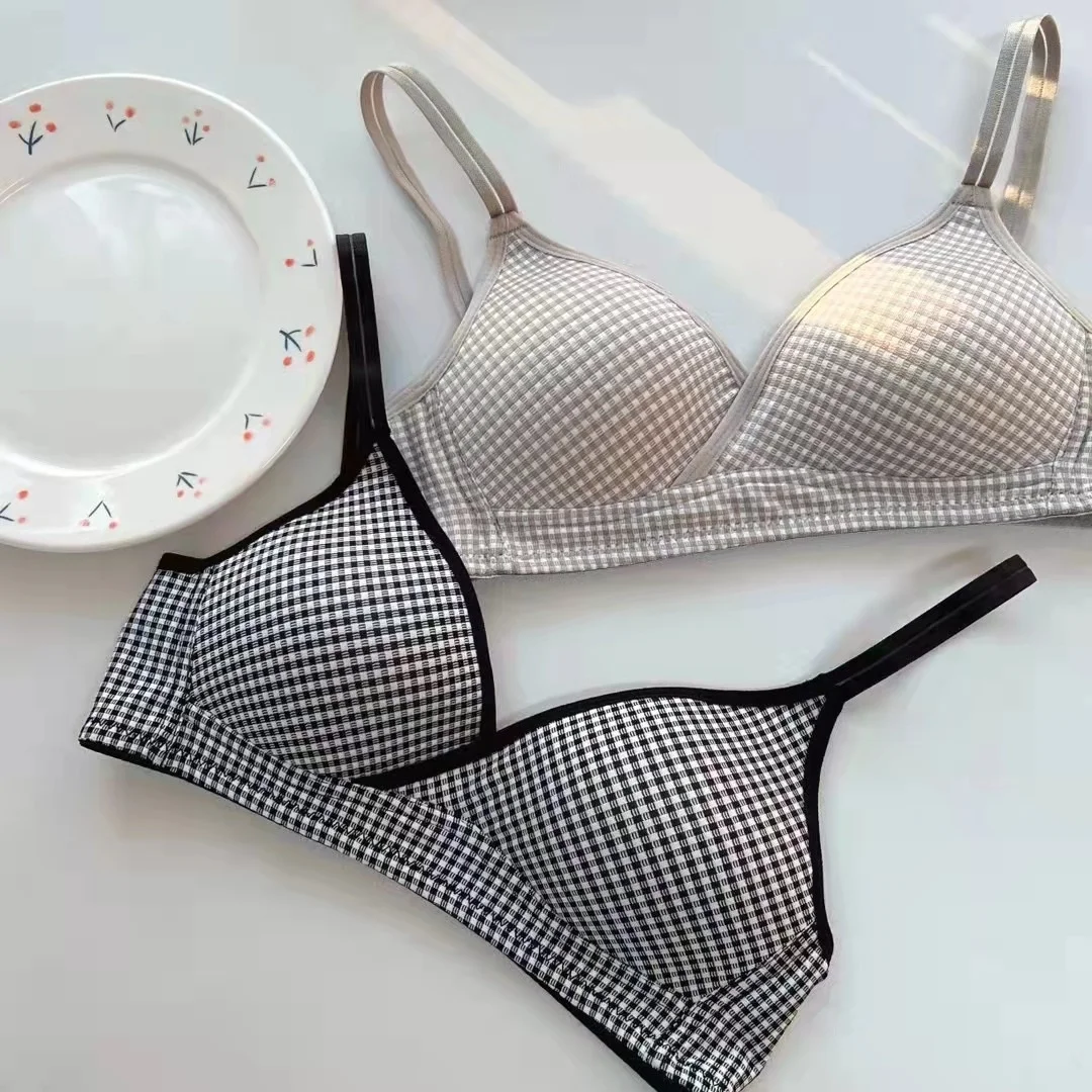 

SP&CITY Plaid Patterned Students Women's Seamless Bra Push Up Gathered Cotton Bras Breathable Thin Wire Free Cute Brassier