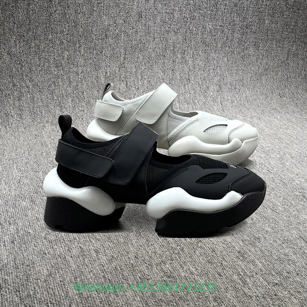 2023 New Style Casual Shoes Black White Real Leather Fashion Women Shoes Sport Slip On Platform Shoes Hook & Loop Mesh Round Toe