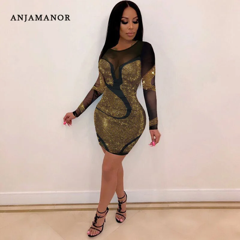 ANJAMANOR Glitter Rhinestones Mesh Sexy Dresses for Women Party Club Outfits Long Sleeve Bodycon Mini Dress D35-EH24