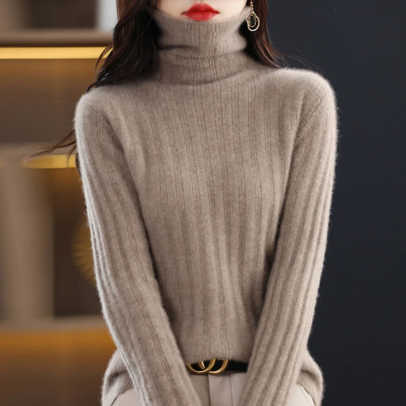 

Женский шерстяной свитер-водолазка, вязаный пуловер с воротником-стойкой, Осень-Зима 100%