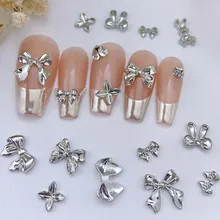 실버 메탈 리본 네일 아트 참, 3D 합금, 실버/골드 나비매듭 리본, 네일 장식 부품, DIY 럭셔리 매니큐어 액세서리, 20 개