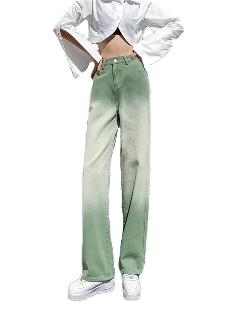 

2022 весенние джинсы женские прямые с высокой талией длинные брюки модные градиентные фруктово-зеленые широкие штаны для мытья полов JD2290