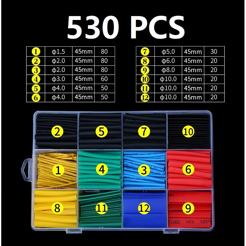 

530pcs/Set Polyolefin Shrinking Assorted Heat Shrink Tube Wire Cable Insulated Sleeving Tubing Set 2:1 Waterproof Pipe Sleeve