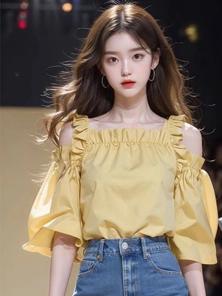 Блузка в стиле преппи с квадратным воротником и коротким рукавом однотонные