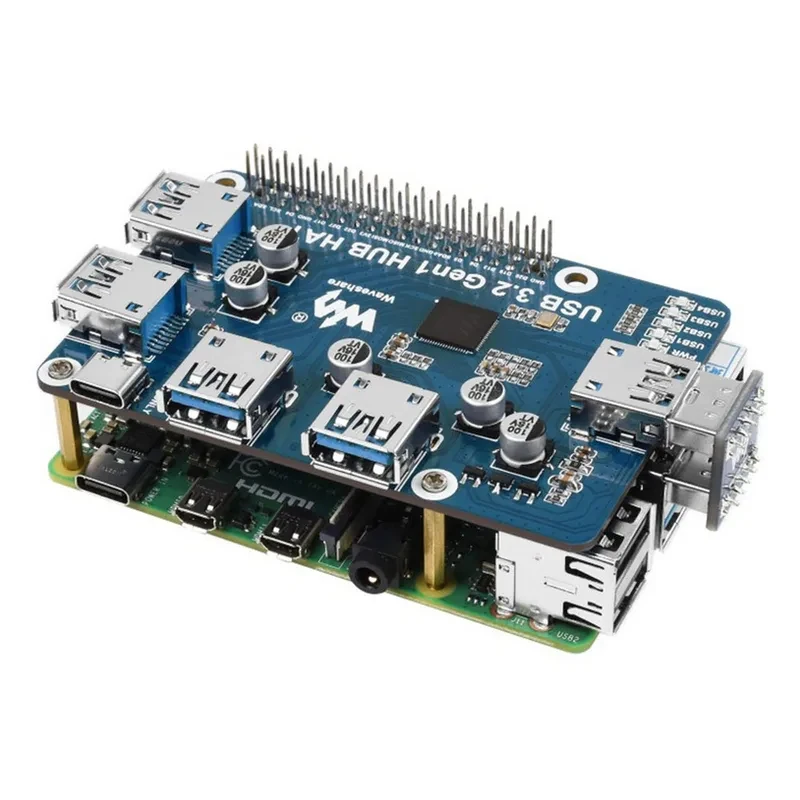 Фото Плата расширения Raspberry Pi 4B USB 3.2 Gen1 HUB HAT 5V с 4 портами USB 3.2 Gen1 для Raspberry Pi 4B №2