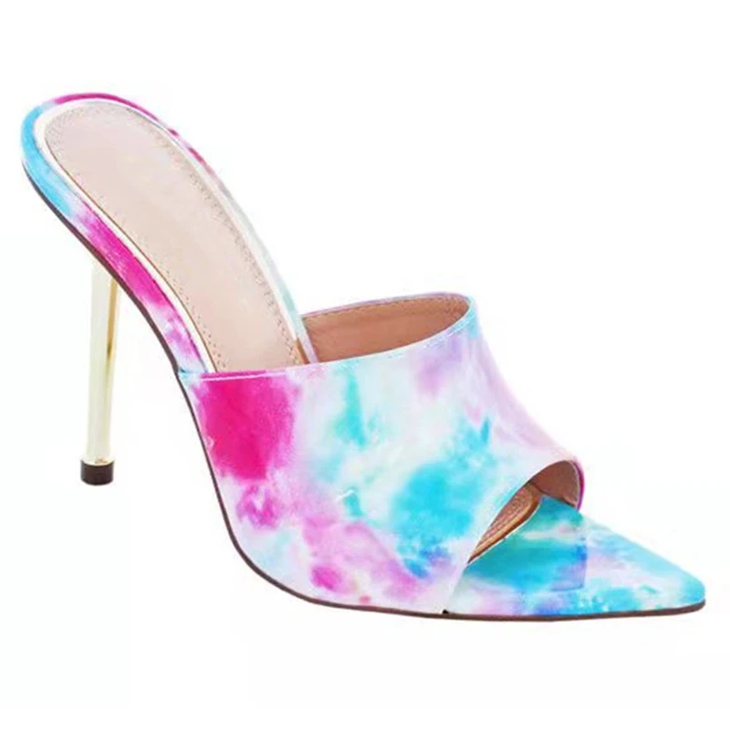 

2022 Sexy Pointed Toe Slippers Women Designer Wedding Party Shoes Summer Gold High Heel Colorful Sandals Female Stilettos Shoes
