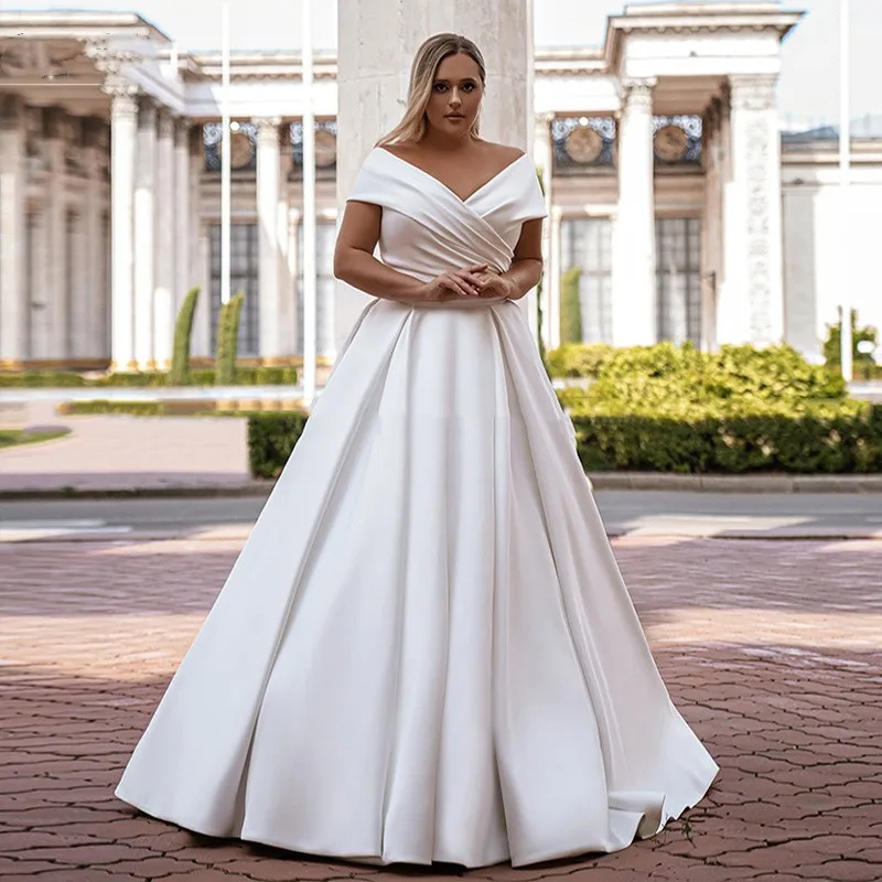 

Romantic Plus Size Wedding Dresses A Line Off The Shoulder Lace Up Back Ivory Satin Ruched Bridal Gowns Vestido De Novia Custom