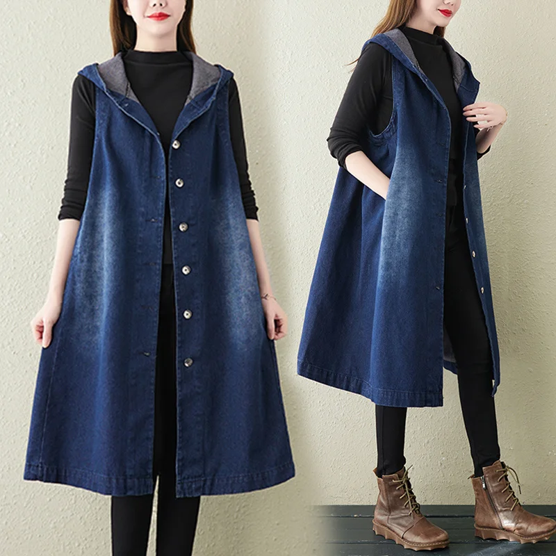 Женский ковбойский Тренч с капюшоном #1488 весеннее свободное джинсовое пальто без