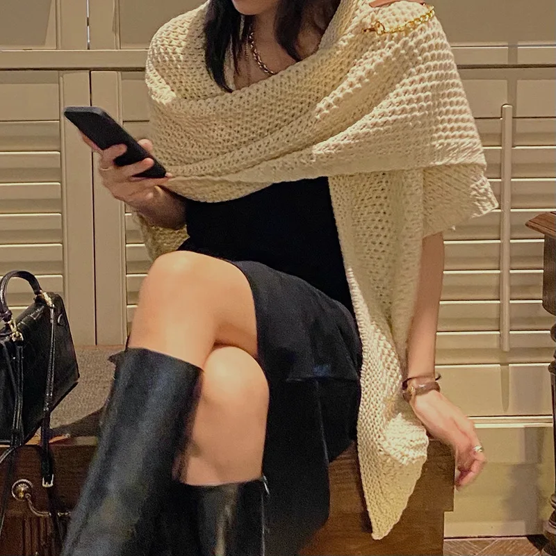 Женская Вязаная Шаль на осень и зиму новинка кожаная большая треугольная накидка