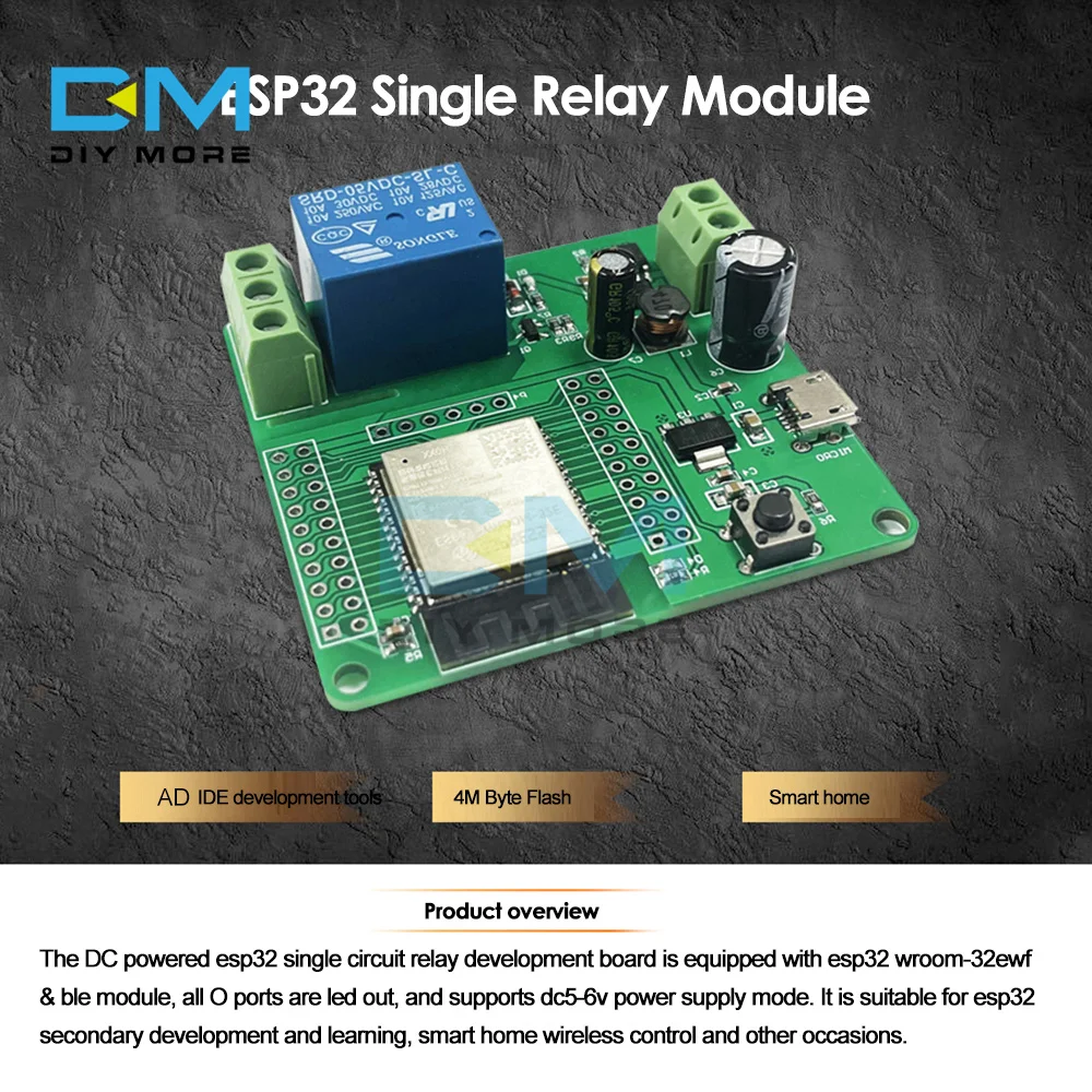 

ESP32-WROOM-32E Development Board 1 Channel Relay Module DC 7-60V Micro USB 5V Output Switch Signal 4M Byte Flash