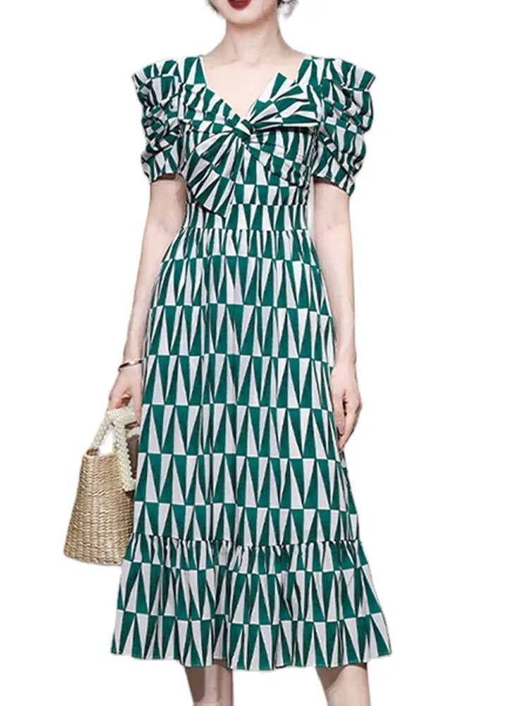 

Женское элегантное платье с V-образным вырезом, облегающая длинная юбка с бантом и принтом, новинка 2022, модная женская одежда в Корейском сти...