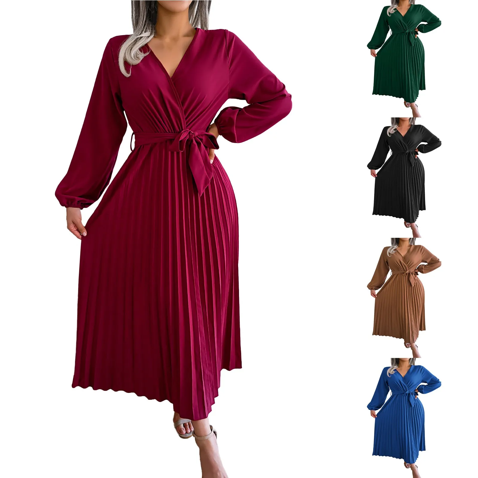 

Женское элегантное темпераментное платье с длинным рукавом и V-образным вырезом, кружевная плиссированная юбка, женские платья до колена