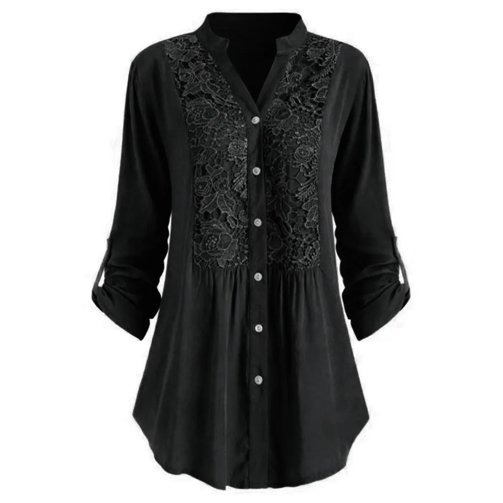 

Women Ladies Large Size Button Lace V Neck Long Sleeve Shirt Blous