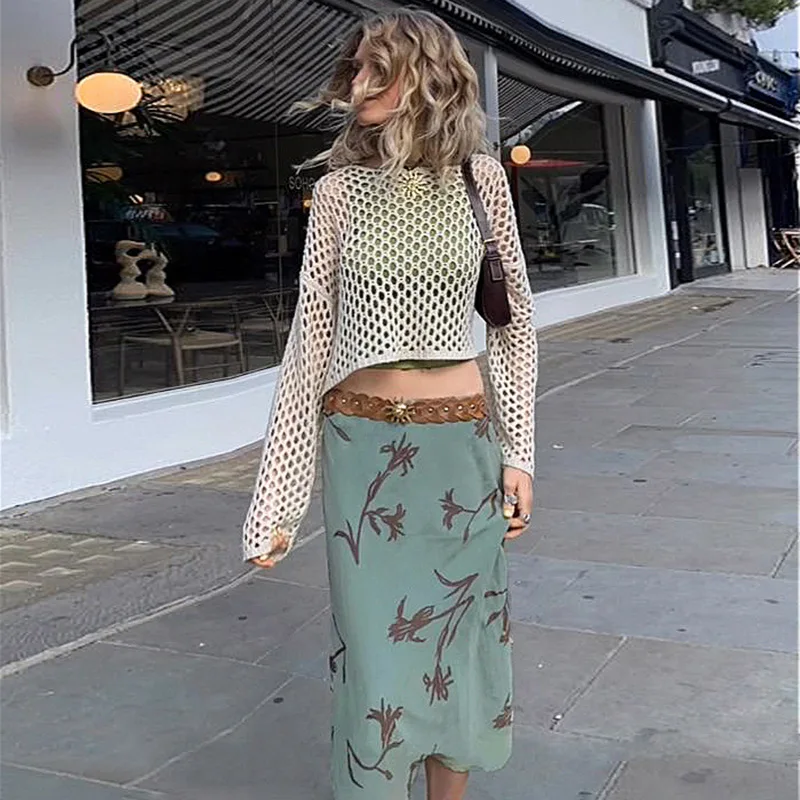 

2023 Spring Womens Fashion Skirt Floral Print Y2K Slim Midi A-Line Skirts Vintage Aesthetic 2000s Fairycore Straight Green Skirt