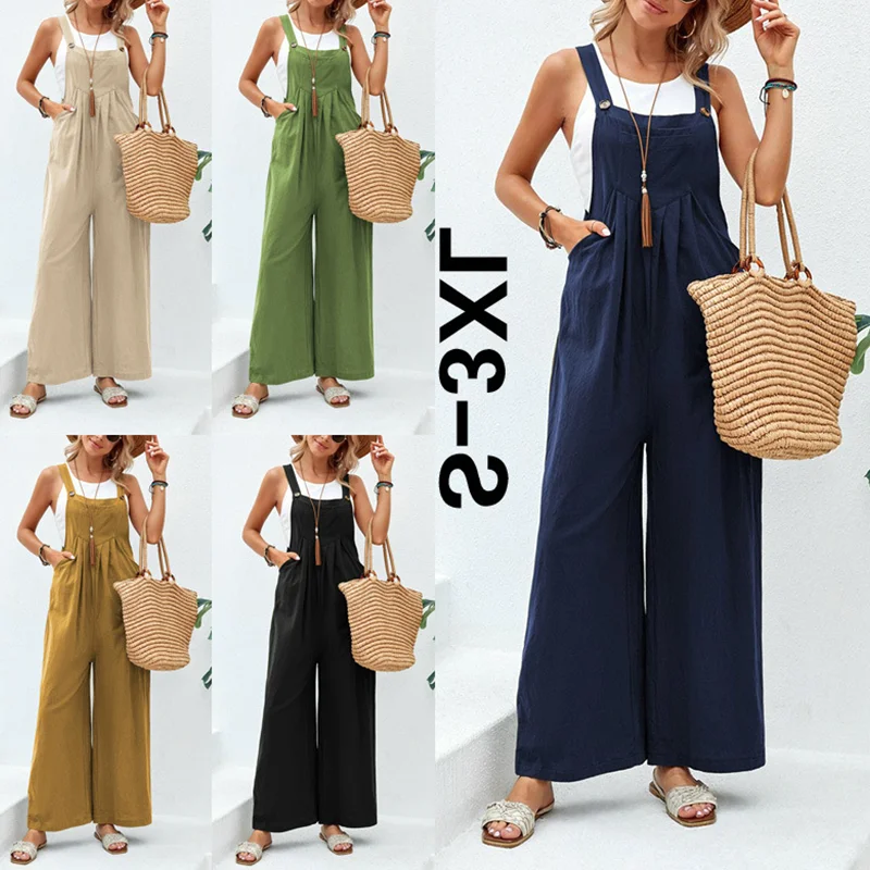

Women Solid Vintage Cotton Linen Jumpsuit Summer Loose Overalls Rompers with Pockets Casual Button Wide Leg Suspender Pants
