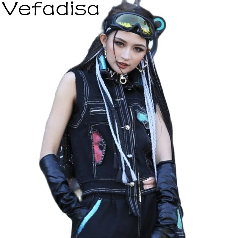 

Vefadisa Street Style Fashion Stitching Contrast Denim Vest Spring 2022 New Personality Lapel Sleeveless Denim Top TT1206