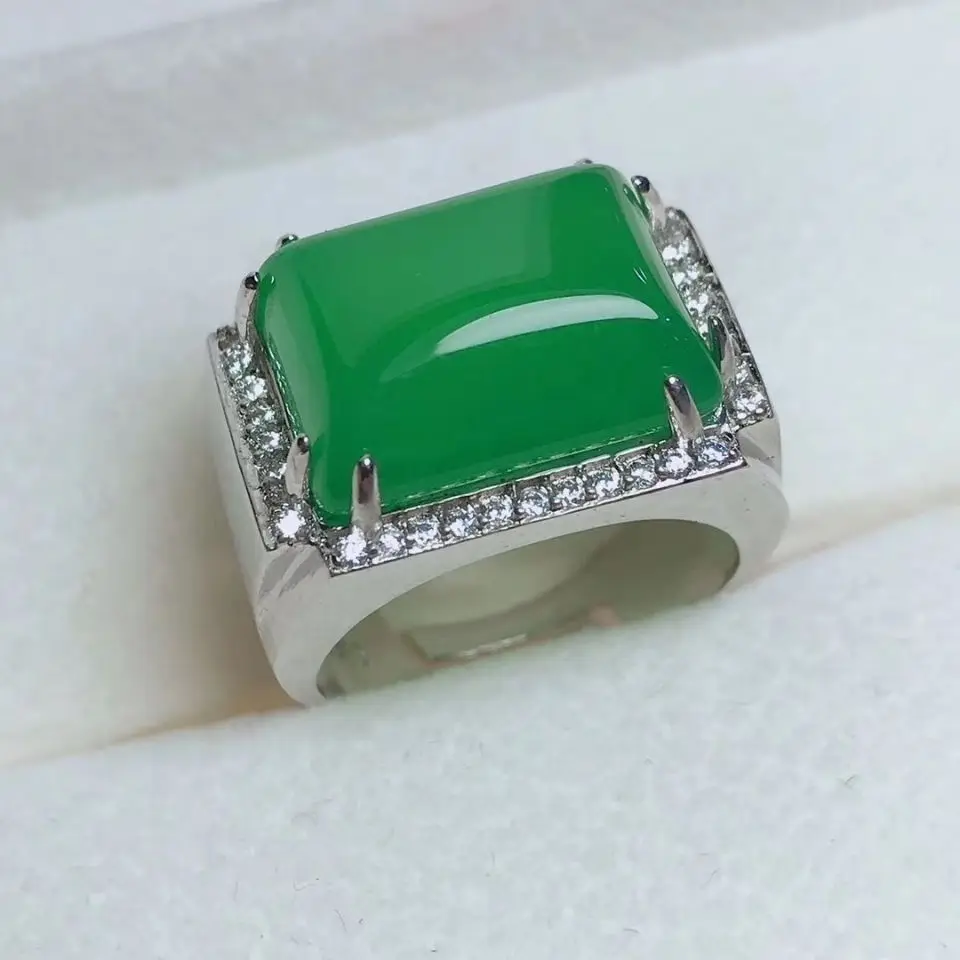 Мужское кольцо из зеленого нефрита, регулируемое, из настоящего натурального хризопраза, камень нефрита, изящные ювелирные изделия из серебра 925 с прямоугольной халцедонией.
