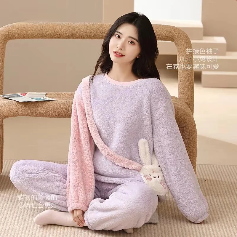 Pajama Winter Velvet Thickened Coral Velvet Cute Cartoon Round Neck Double-sided Velvet Pajama Suit Wearing Women's Pajamas