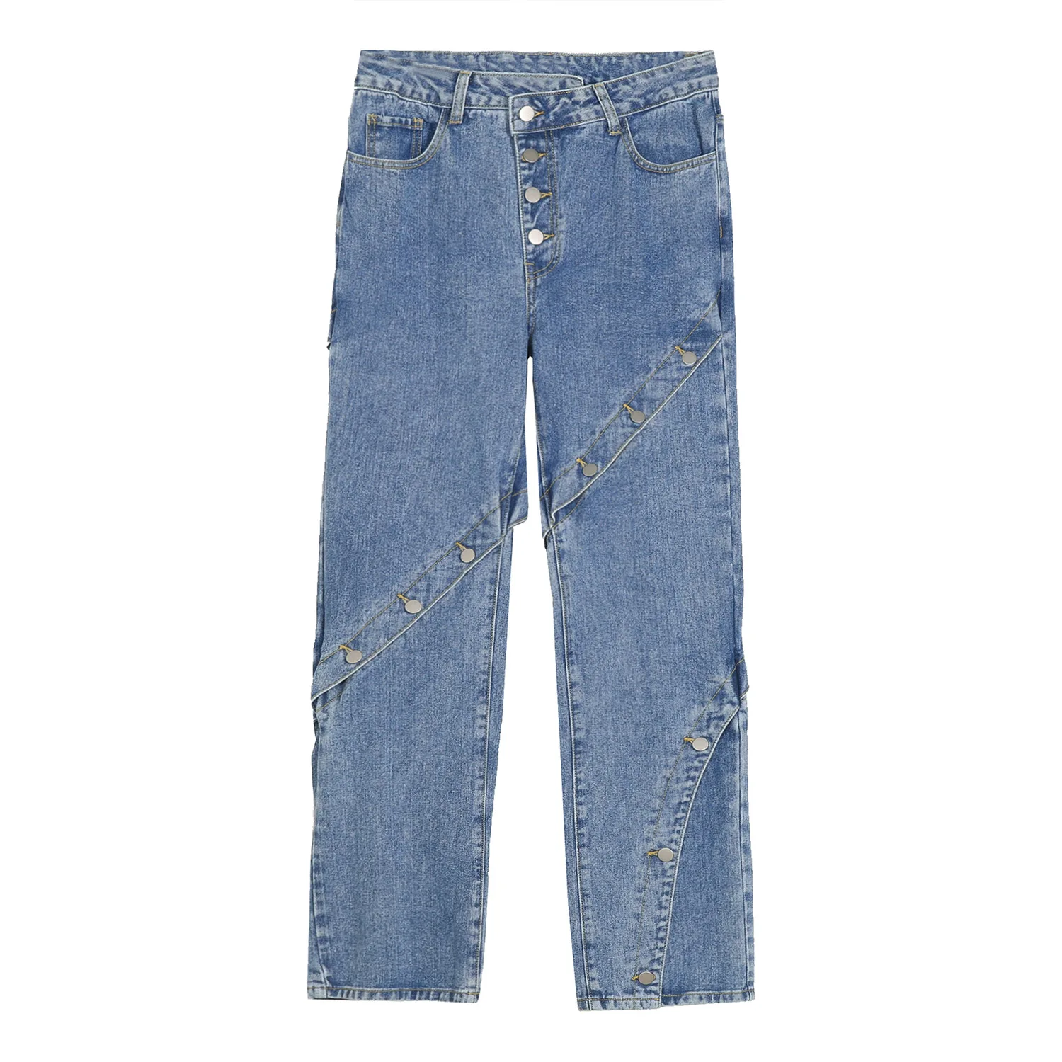 Four Seasons Men's Jeans Metal Button Stitching Design Sense Personality Split Design Jeans Y2k Pants Streetwear Jeans for Men