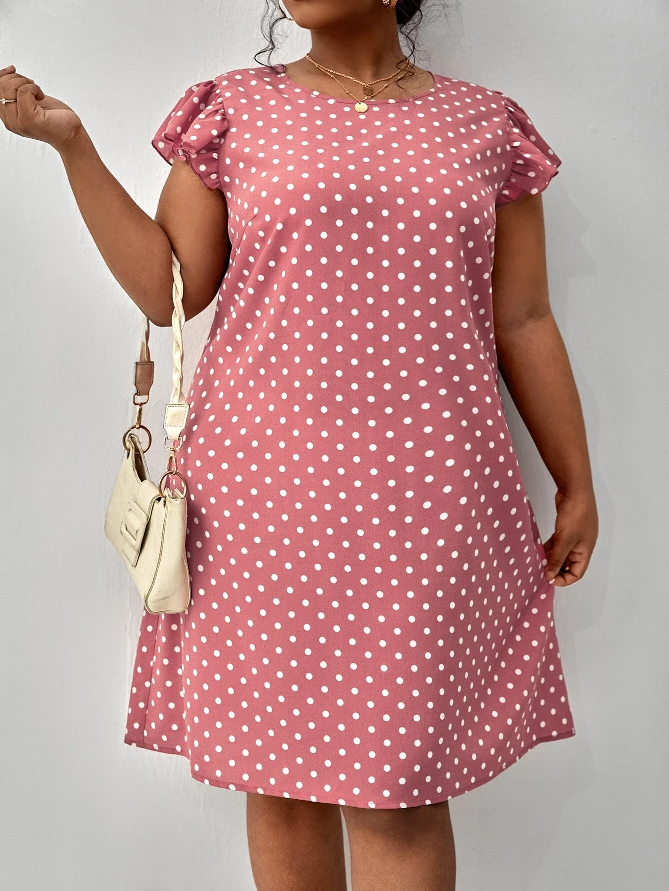 

Plus Polka Dot Print Butterfly Sleeve Dress Without Belt