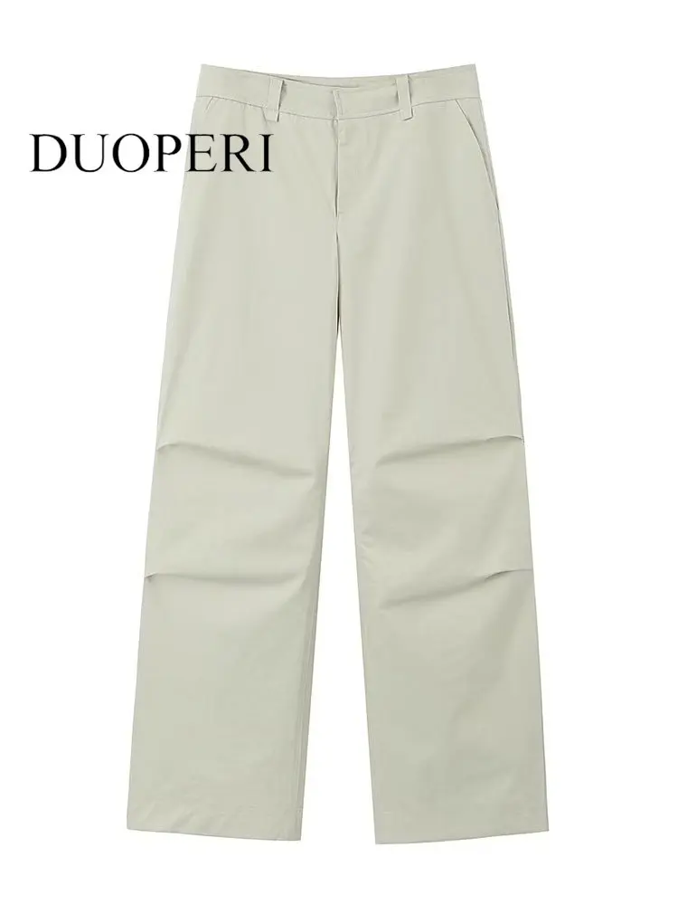 

Женские Модные Бежевые плиссированные прямые брюки DUOPERI на молнии спереди, винтажные женские шикарные брюки полной длины с высокой талией