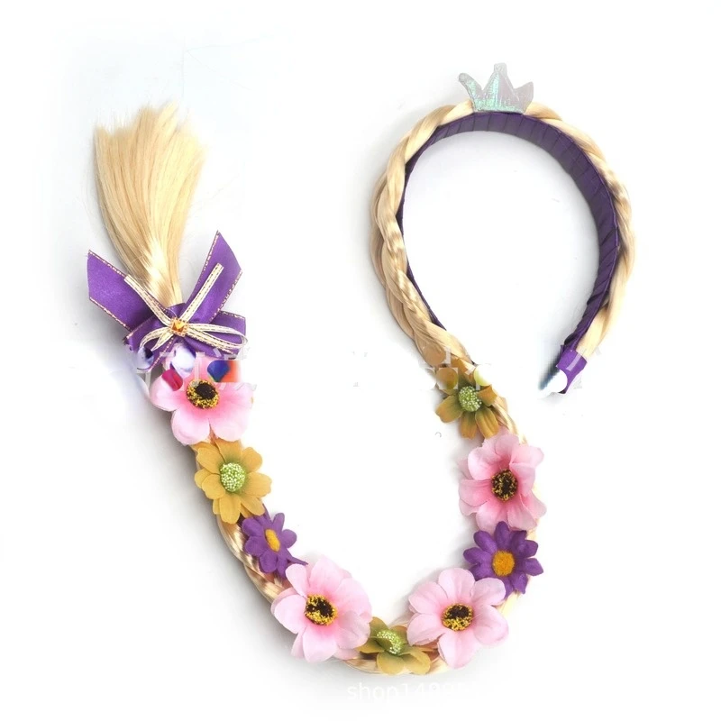 Long Hair Princess Wig Pigtail Headband Flower Crown Hair Hoop Props Girl Braided  Kids Fancy Dress Accessories Birthday Cosplay
