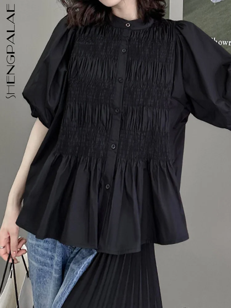

SHENGPALAE Fashion Women Shirt Folds Stand Collar Lantern Short Sleeve Single Breasted Solid Color Blouse Summer 2023 New 5R3838