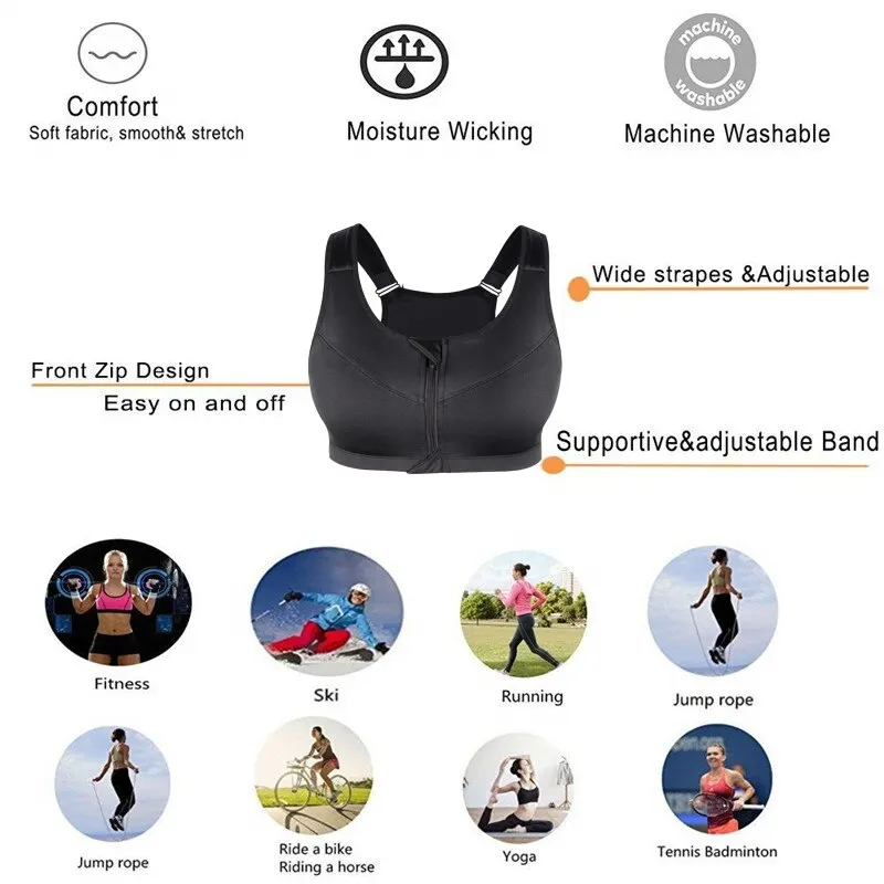 Top 5XL Sports Bra For Women Plus Size Zipper Underwear Shockproof Push Up Gym Fitness Athletic Running Yoga Bralette