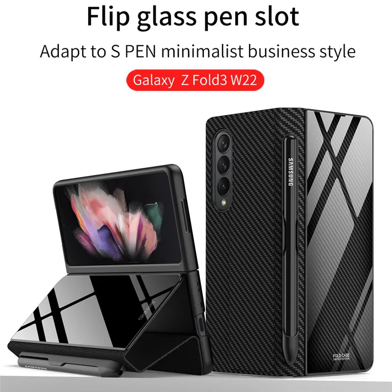 

Tough 9H Tempered Glass Flip Case For Samsung Galaxy Z Fold 3 S Pen Slot Leather Back Cover