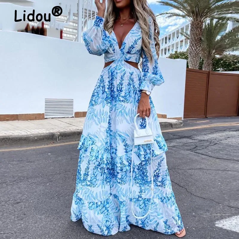 

Women Boho Beach Ruffle Maxi Dress Summer Sexy Deep V-Neck Hollow Out Long Sleeve Party Club Dresses Backless Female Spring Robe
