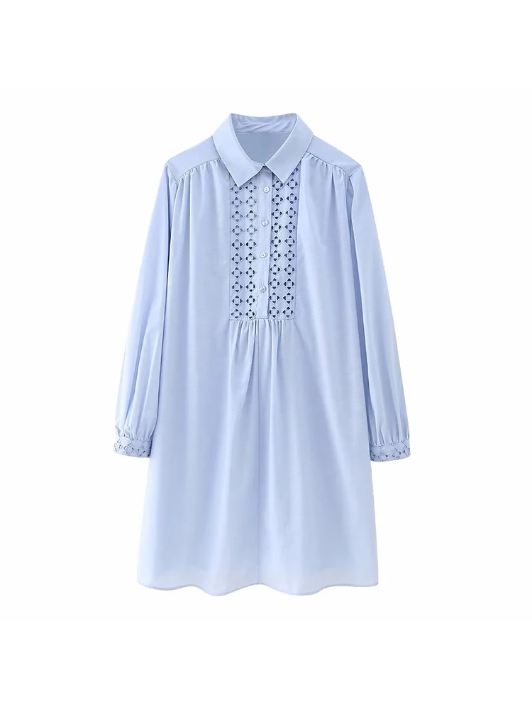 

Женская одежда, новинка весны 2023, повседневное модное шикарное свободное мини-платье с отложным воротником и длинными рукавами и вышивкой