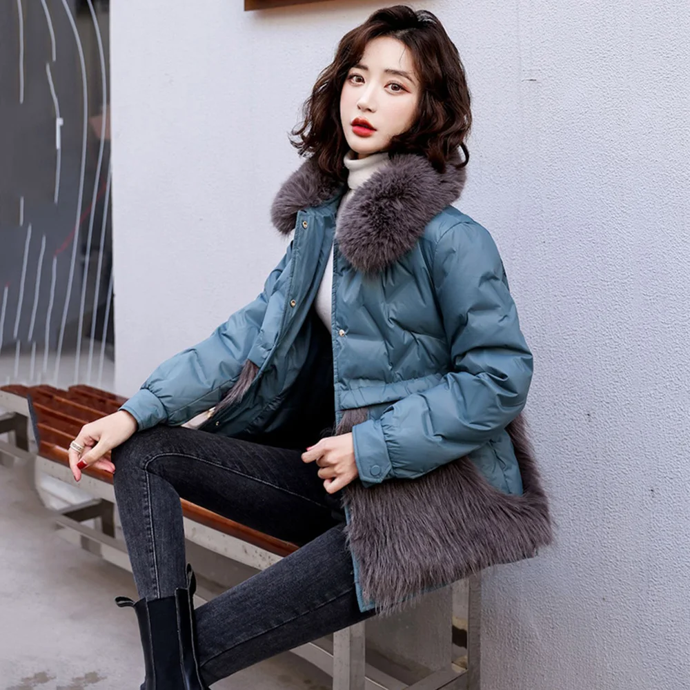 New Women Down Jacket Winter Casual Fashion Turn-down Collar Faux Fur Splicing White Duck Down Coat Thick Warm Outerwear Female