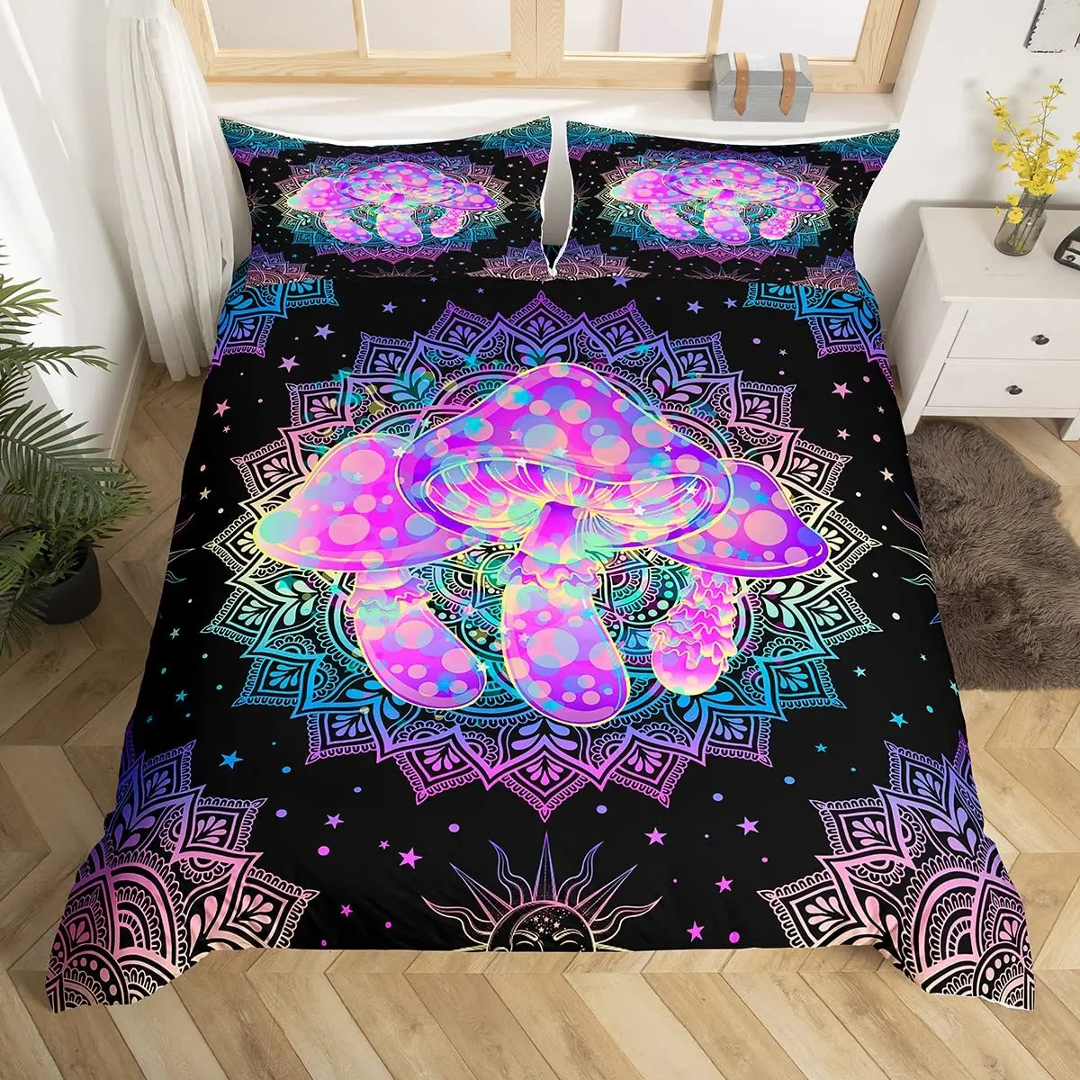 

Mushroom Duvet Cover Magical Forest Colorful Cute Psychedelic Mandala Mushrooms Bedding Set Kid Girl Boy Quilt Cover Pillowcase