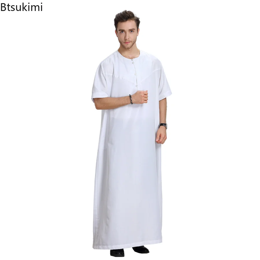 New Muslim Short Sleeve Jubba Thobe for Men Islamic Clothes Muslim Fashion Saudi  Arabic Abaya Long Robes Traditional Kaftan Men