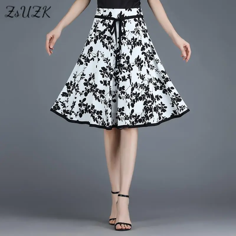 

ZUZK Women Summer Retro Printed A-line Skirt 2022 New High Wasit Simple Elegant Knee-Length A-Line Skirt Jupe