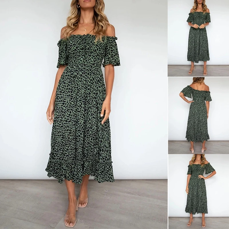 

Women's Summer New Skirt Short Sleeve Strapless Leopard Print Dress Green