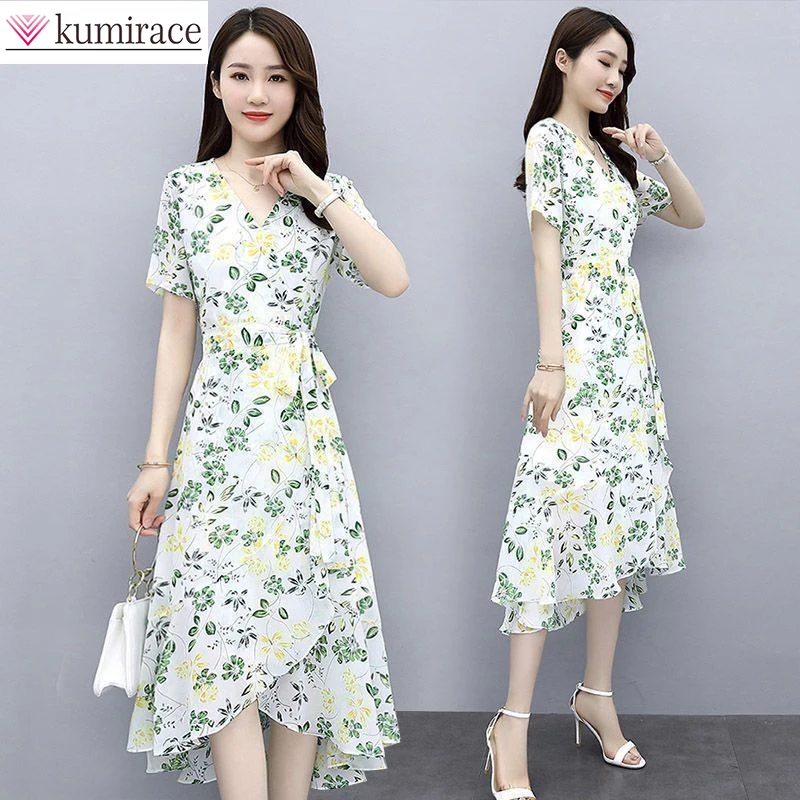 

2022 Summer Korean Chiffon Short Sleeve Elegant Women's Printed Dress Party Sun Skirt Asymmetric Medium Length Gown Women