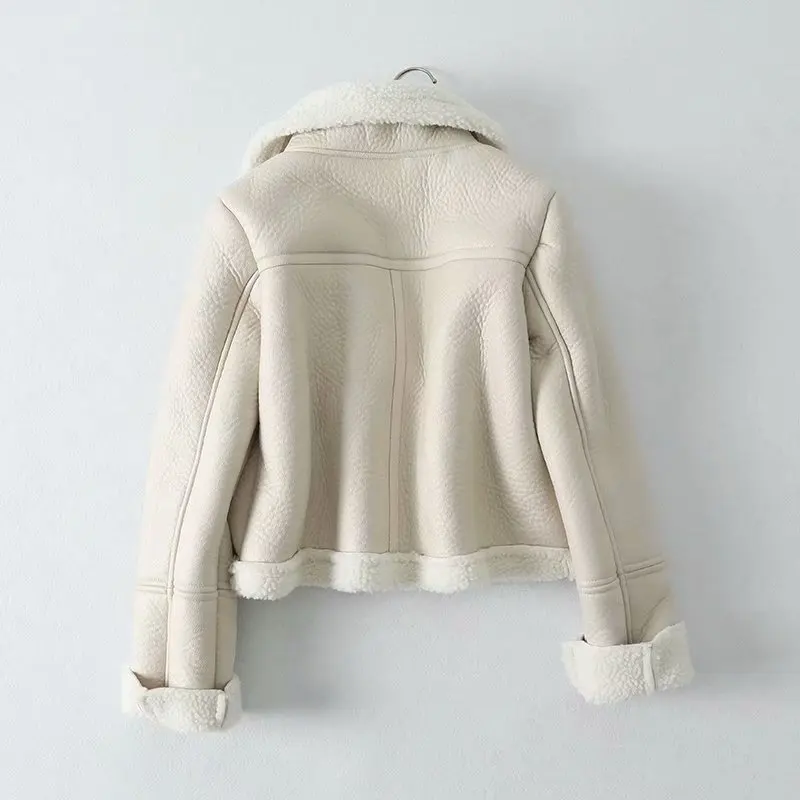 KoHuiJoo Faux Leather Jacket Women Winter Thick Warm Fashion Female Shearling Overcoat Zipper Motorcycle Lambs Wool Coat Beige