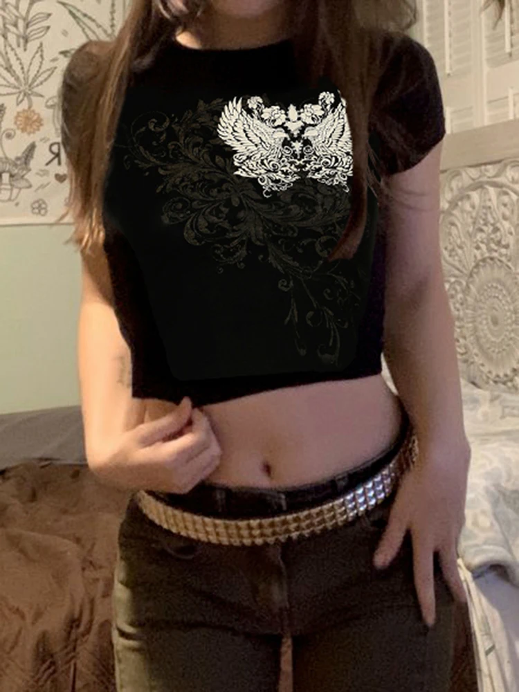 

Punk Style Wing Print Women Crop Top Black Color T Shirt Short Sleeve O Neck Pullovers Gothic Cute Harajuku Basic