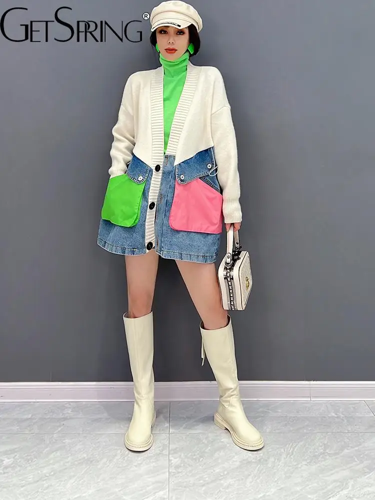 

GetSpring Women Sweater Denim Stitched Single Breasted Knit Cardigan Fashion Loose Casual Knitwear All Match Coat Autumn 2022