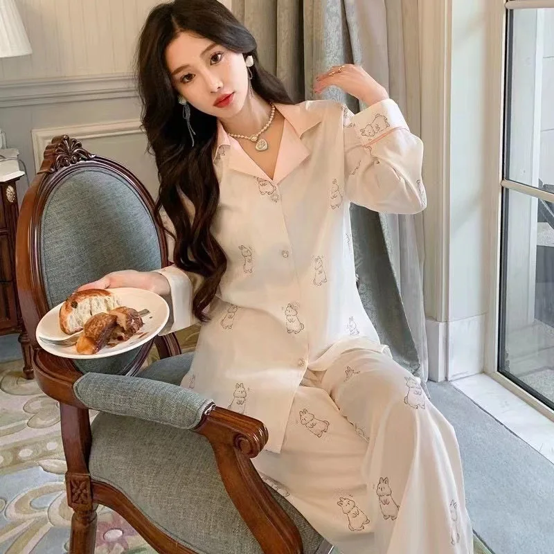 Women's Pajamas Spring Thin Section Ice Silk High-quality Ladies Long-sleeved Cardigan Casual Home Service Suit Kawaii Pajama