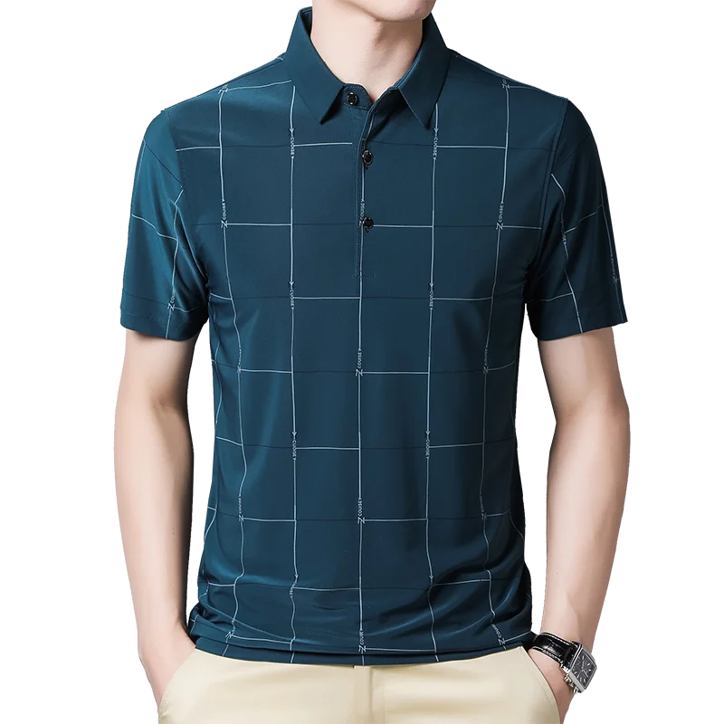 

New T-shirt Men Summer Business Short Sleeved T-shirt Casual Loose Plaid Turn-down Collar T Shirts for Men