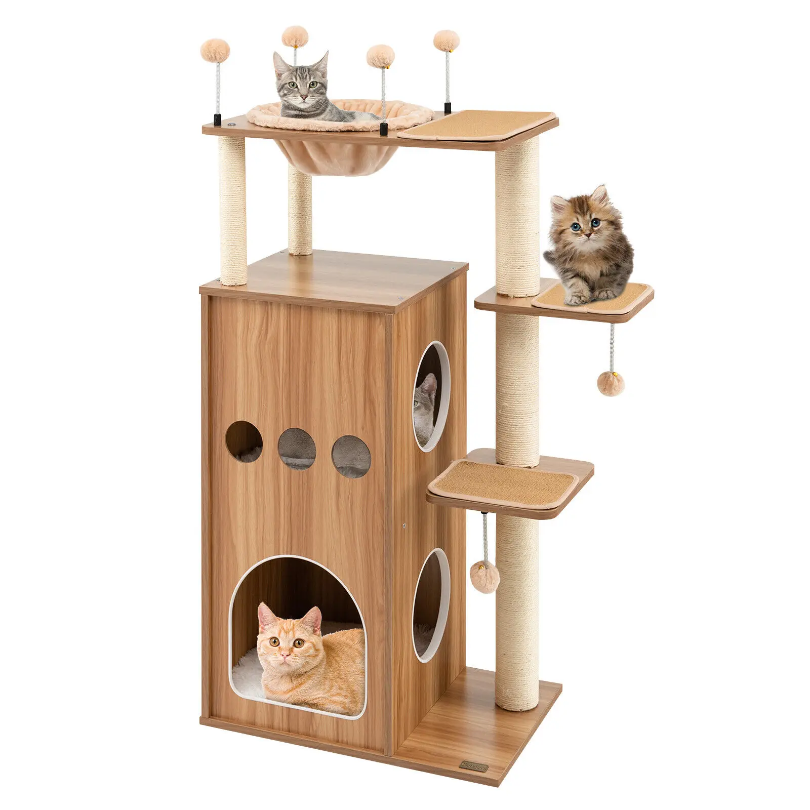 Costway 52" Modern Cat Tree Tower Multi-level Cat Play Center w/Deluxe Hammock Natural