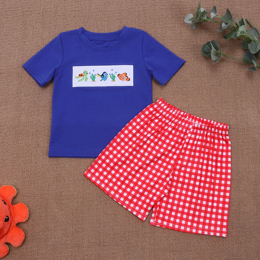 

Babi Boy Clothes School Season Cotton Clothes Set Cute Fish Embroidery T-shirt Red Littice Leisure Sport 2pcs Children Set