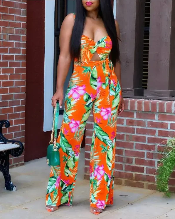 

Tropical Print Twist Design Belted Jumpsuit women summer 2022 new fashion