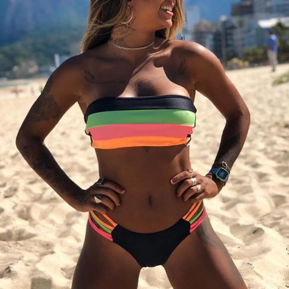 

Bikini Set Bikini Padded Women Swimsuit Set Wireless Swimsuit Strapless Tube Top Stripes Patchwork Set